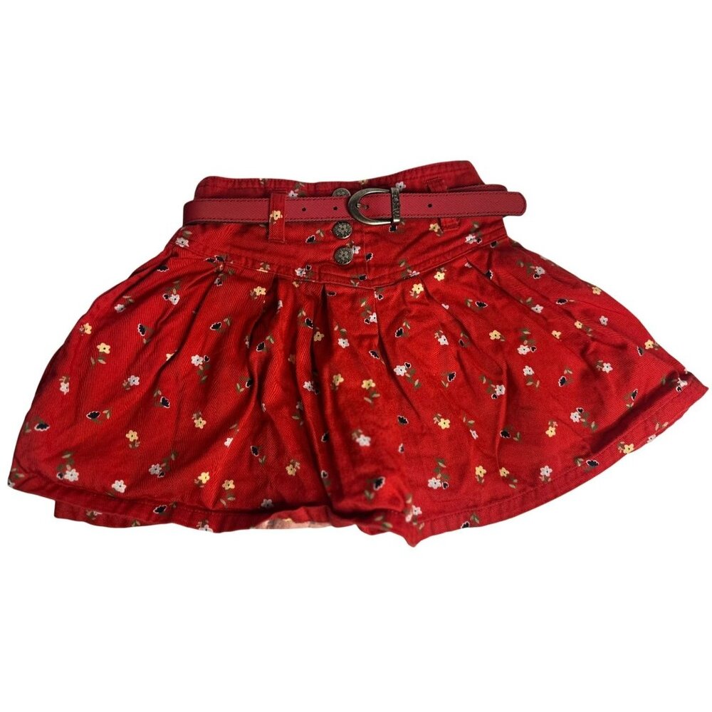 VTG McKids 24M Red‎ Floral Pleated Mini Skirt Belted Toddler Girl All Over Print